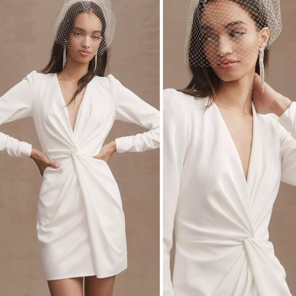 NEW Tadashi Shoji Sabine Plunge V-Neck Twist-Front Long-Sleeve Mini Dress White - Picture 1 of 12